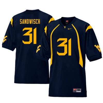 Men's West Virginia Mountaineers NCAA #31 Zach Sandwisch Navy Authentic Nike Retro Stitched College Football Jersey RC15V81OZ